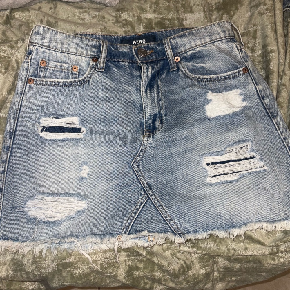 Aeropostale Distressed Denim Mini Skirt - Light Blue